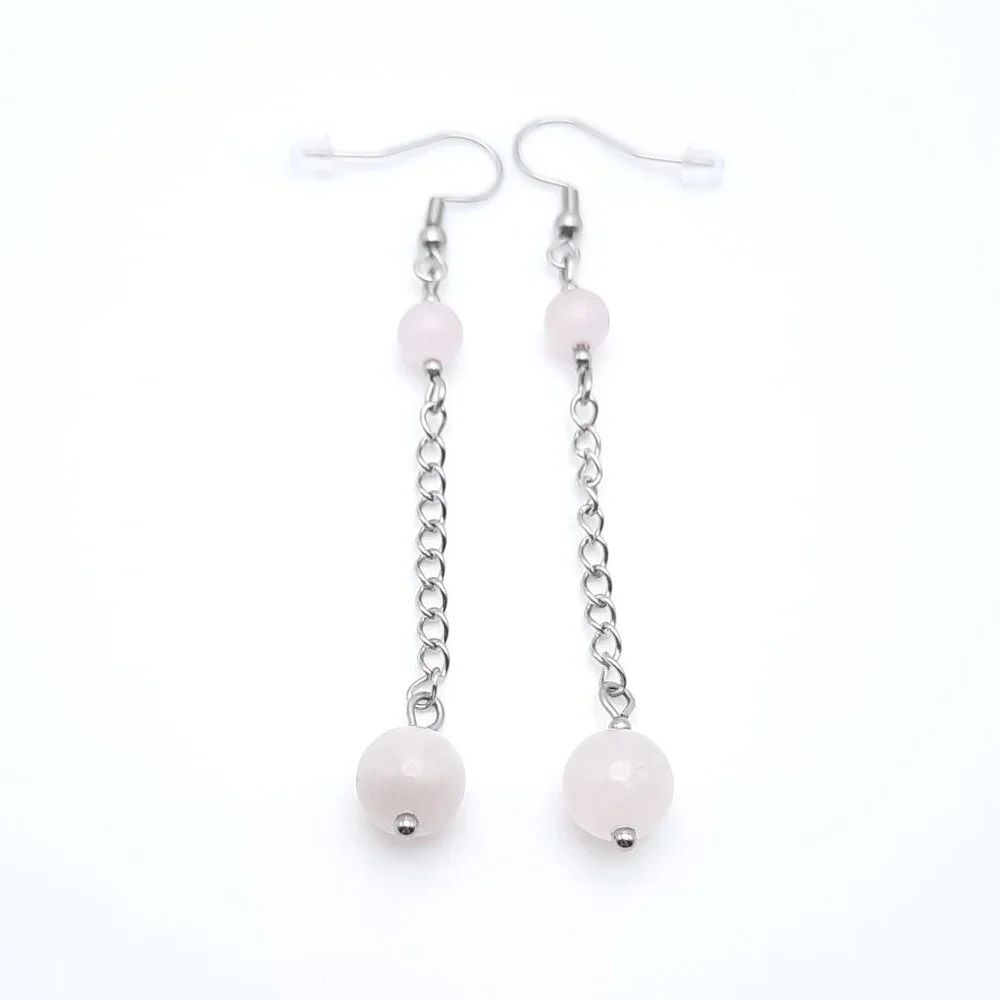 Rose Quartz Chakra Gemstone Pink Dangle Drop Chain Earrings Handmade Jewelry - Picture 2 of 8